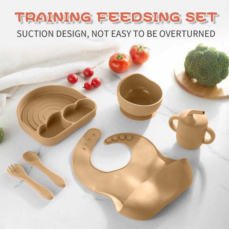 6 PCS Silicone Baby Feeding Set Baby Led Weaning Supplies Utensils Strong Suction 3 Divided Plate Spoon Fork Bowl Water Cup Bib