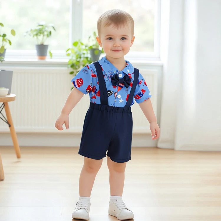 Toddler Boys 4th of July Outfit – Short Sleeve Bowtie Romper & Suspender Shorts Set – Independence Day Baby Clothes