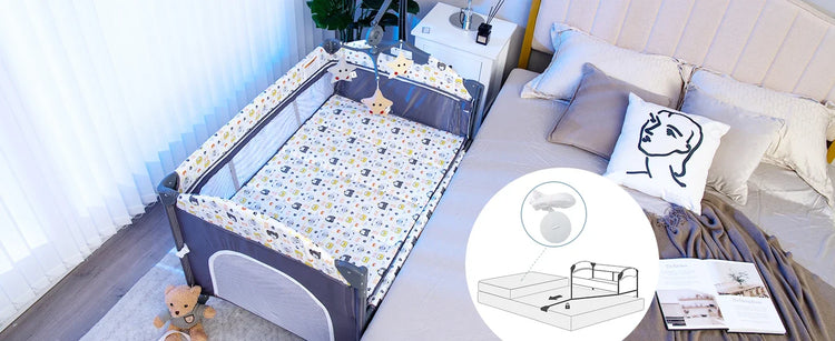 Pack and Play, 5 in 1 Baby Bedside Sleeper with Bassinet, Diaper Changer, Mattress, Carry Bag, Music Box Hanging Toys (Bear)