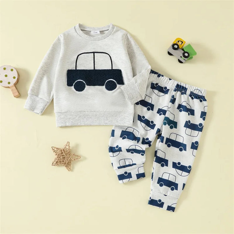 Lioraitiin Toddler Baby Boy 2-Piece Outfit – Car Embroidery Long Sleeve Pullover Sweatshirt & Elastic Waist Pants Set