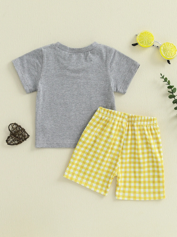 Adorable Infant Boy’s Casual Wear Set – Excavator Print T-Shirt & Plaid Shorts 2-Piece Summer Outfit for Baby & Toddler Boys (0–3 Years)