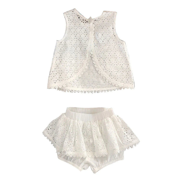 Girls 2025 Summer Clothing Set – Hollow Lace Sleeveless Top & Shorts 2-Piece Outfit for Toddlers – Stylish Cotton Backless Suit for Baby Girls (1–5T)