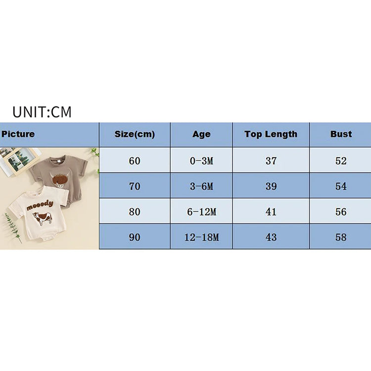 Lioraitiin 0–18M Baby Boy Girl Romper – Round Neck Cow Embroidery Short Sleeve Jumpsuit, Infant Summer Outfit