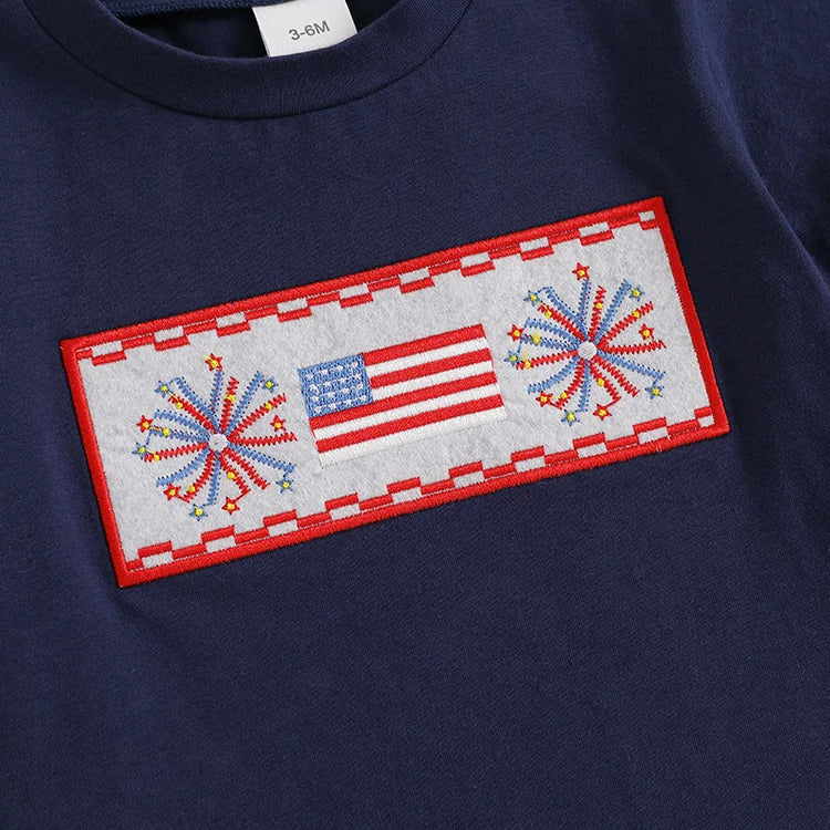 Lioraitiin Toddler Baby Boy 4th of July Outfit – Short Sleeve Truck & Flag Embroidery T-Shirt with Matching Shorts Set