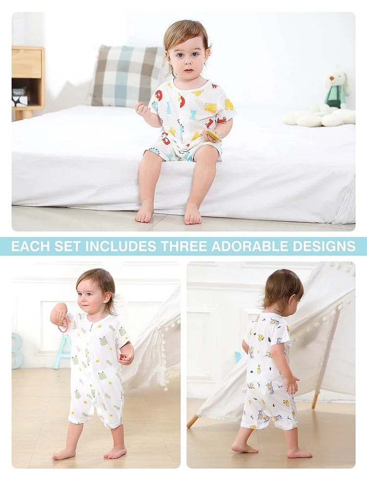 MICHLEY 3pcs Baby Short-Sleeve Rompers & Long-Sleeve Jumpsuit Bodysuit – Soft White Cartoon Infant Clothes Overalls for Boys & Girls