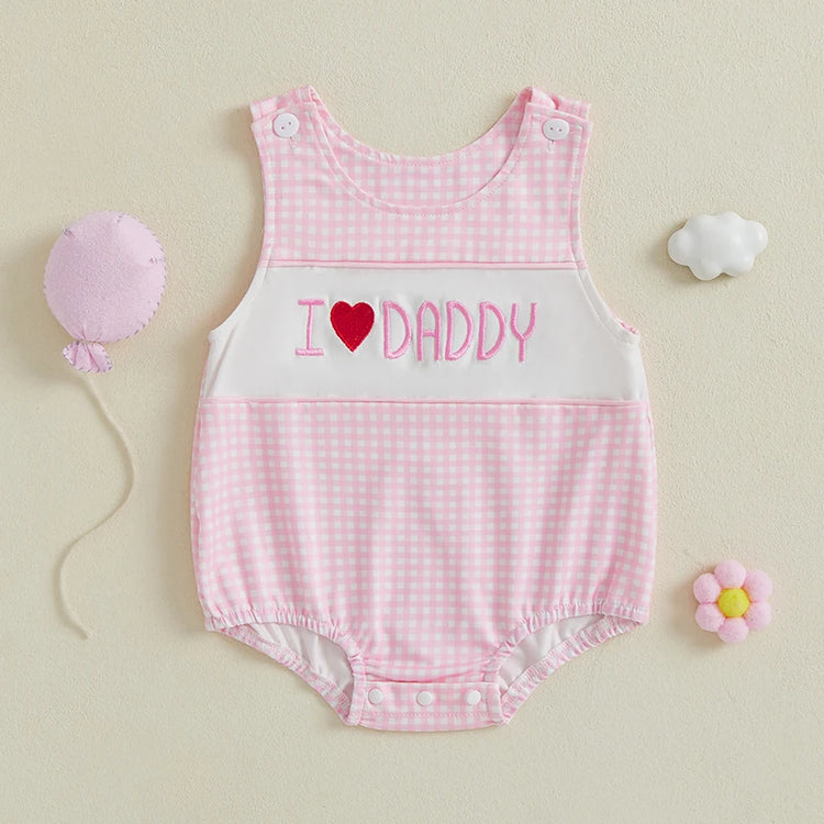 Cute Baby Girl Romper – Sleeveless Infant Bodysuit with Adorable Letter Embroidery & Plaid Design, Round Neck Jumpsuit for Newborns & Toddlers