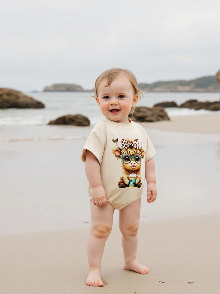 Baby Girl Highland Cow Romper – Soft Cotton Summer Bodysuit | Lioraitiin