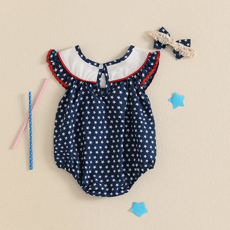 Toddler Girls 4th of July Romper – American Flag Print Sleeveless Ruffle Jumpsuit with Headband, 2-Piece Independence Day Outfit