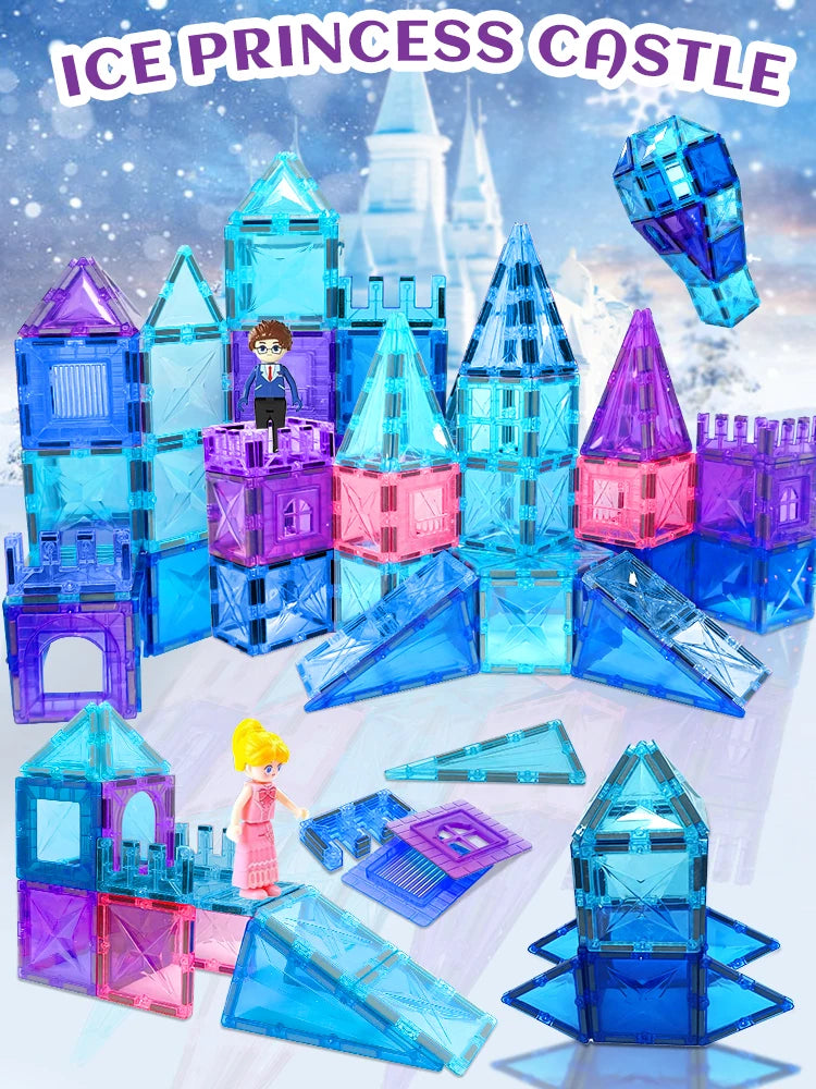 Frozen Princess Magnetic Tiles Castle Building Blocks – STEM Toys for Girls, Creative Birthday Gift, Magnetic Construction Set