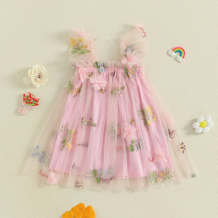 Toddler Girl Sleeveless Floral Embroidered Tulle Dress with Ruffle Square Neckline – Princess Party Dress for Baby Girl
