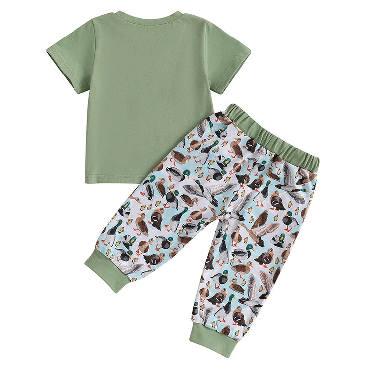 Lioraitiin Baby Boys Summer Outfit Set – Duck Embroidery Short Sleeve T-Shirt & Elastic Waist Pants (1-3 Years)