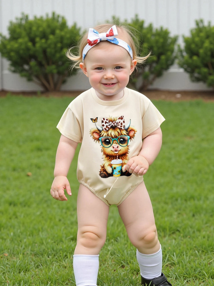 Baby Girl Highland Cow Romper – Soft Cotton Summer Bodysuit | Lioraitiin
