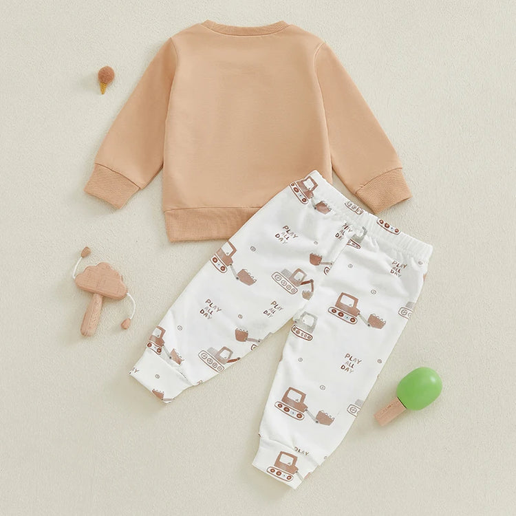 Lioraitiin Toddler Baby Boy 2-Piece Outfit – Car Embroidery Long Sleeve Pullover Sweatshirt & Elastic Waist Pants Set