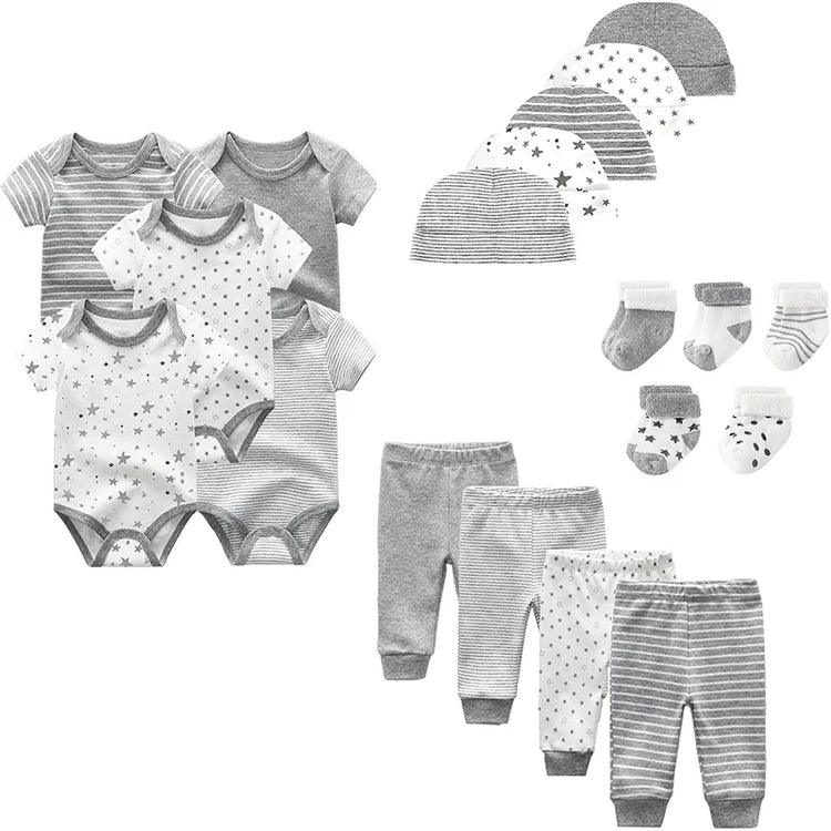 Unisex Newborn Baby Bodysuit Set – 19-Piece Cotton Bodysuits & Accessories for Boys & Girls
