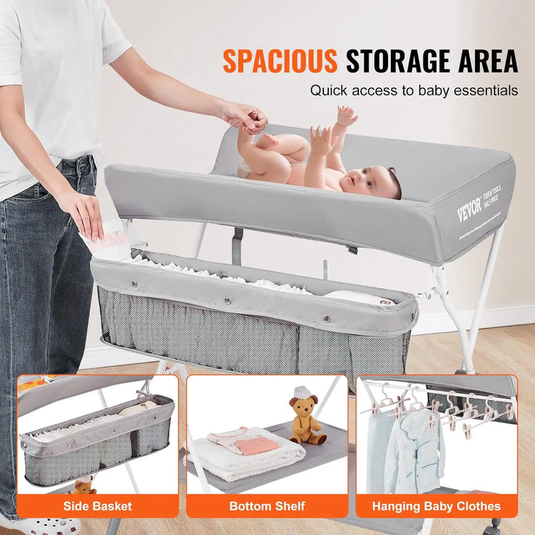 Baby Changing Table – Foldable & Portable Diaper Changing Station with Lockable Wheels, Adjustable 3-Level Height, Storage Basket & Hanging Racks for Newborns & Infants (Grey)