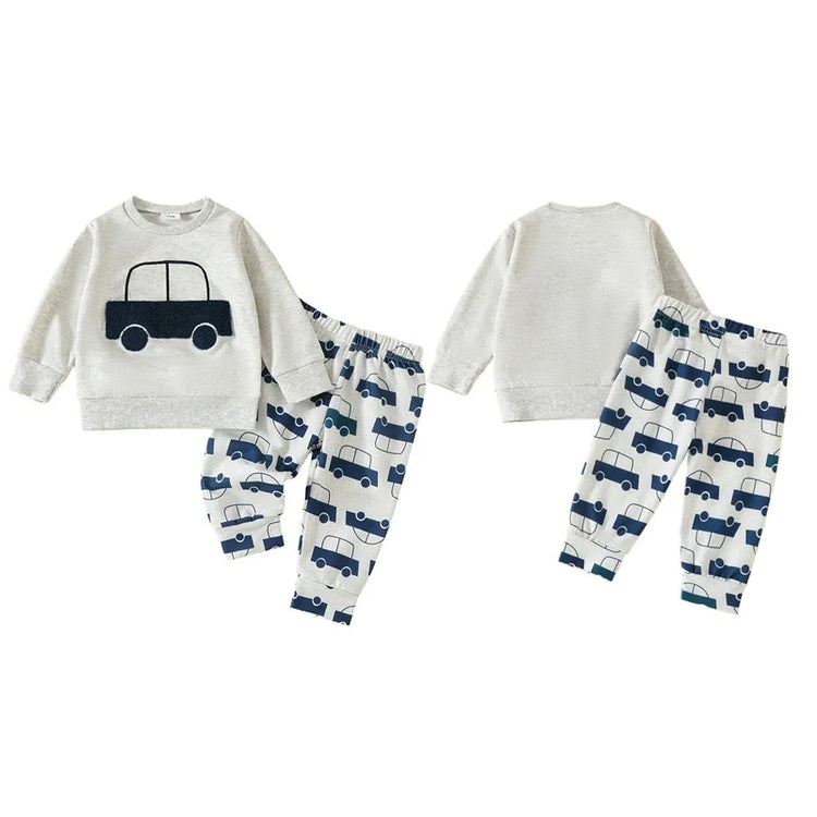 Lioraitiin Toddler Baby Boy 2-Piece Outfit – Car Embroidery Long Sleeve Pullover Sweatshirt & Elastic Waist Pants Set