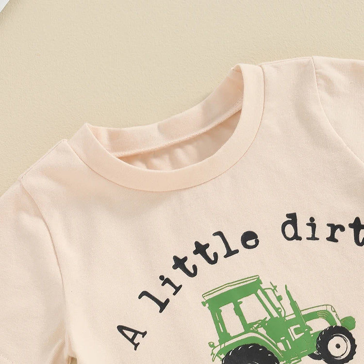 Lioraitiin Toddler Boy Shorts Set – Letter & Tractor Print T-Shirt with Solid Shorts, 2-Piece Summer Outfit