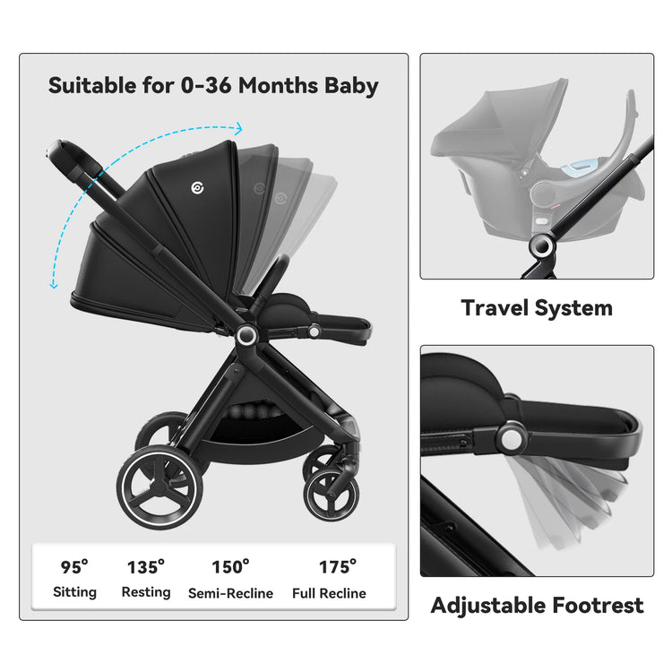 EMU Reversible Baby Stroller with Reversible Seat Full-Size Infant Stroller with Full Recline Cockpit Compact Foldable Pram Carr
