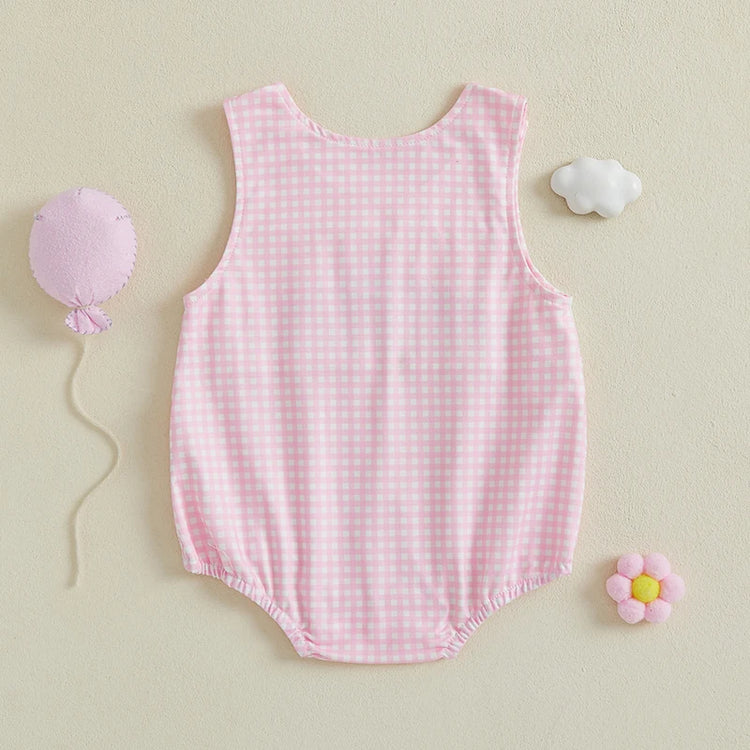 Cute Baby Girl Romper – Sleeveless Infant Bodysuit with Adorable Letter Embroidery & Plaid Design, Round Neck Jumpsuit for Newborns & Toddlers
