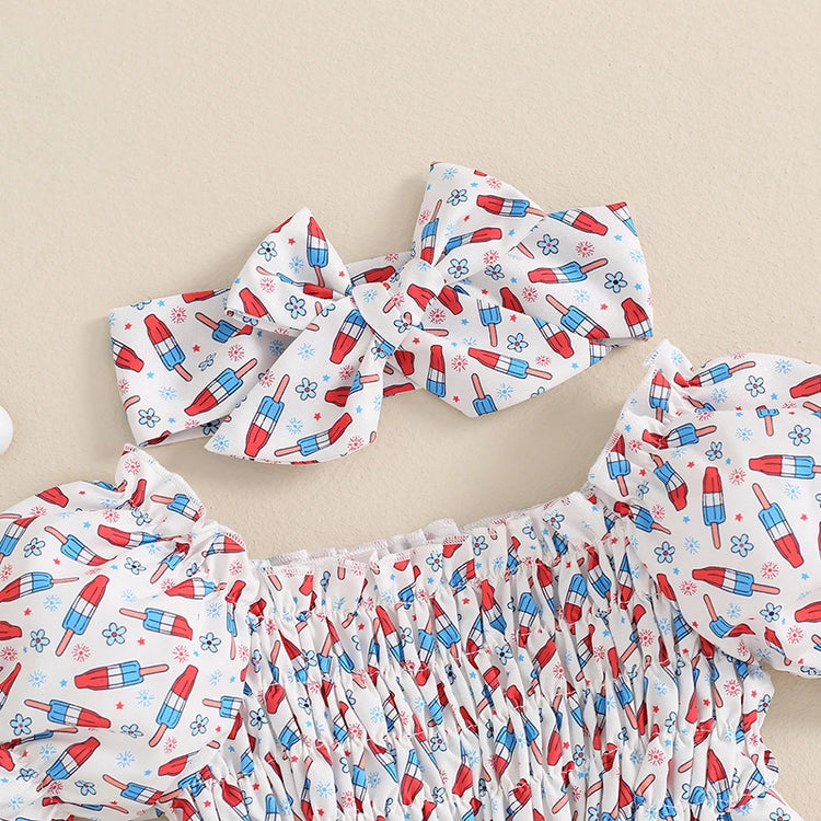 Baby Girl Summer Romper – Sleeveless Watermelon Print Jumpsuit with Bow Headband – Infant Beach Outfit for 4th of July