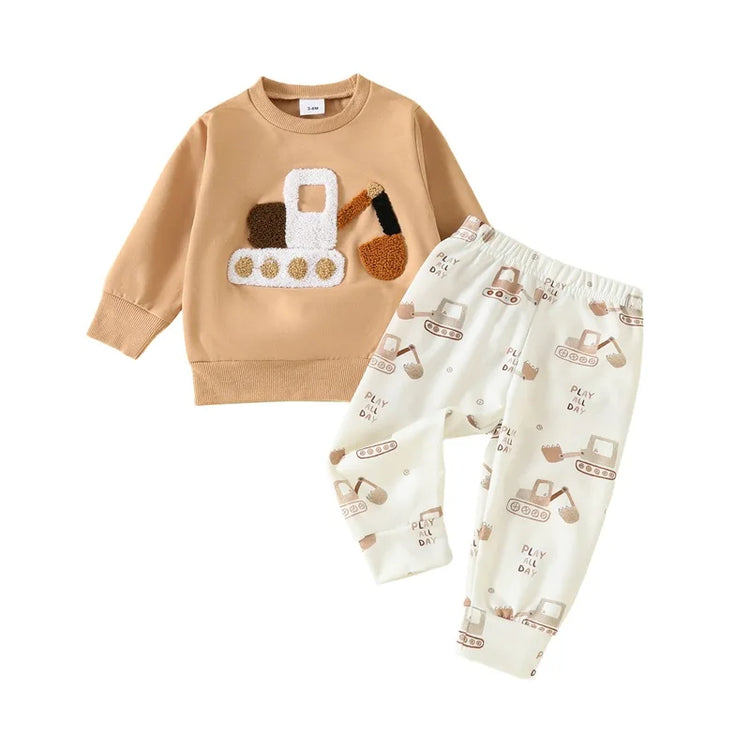 Lioraitiin Toddler Baby Boy 2-Piece Outfit – Car Embroidery Long Sleeve Pullover Sweatshirt & Elastic Waist Pants Set