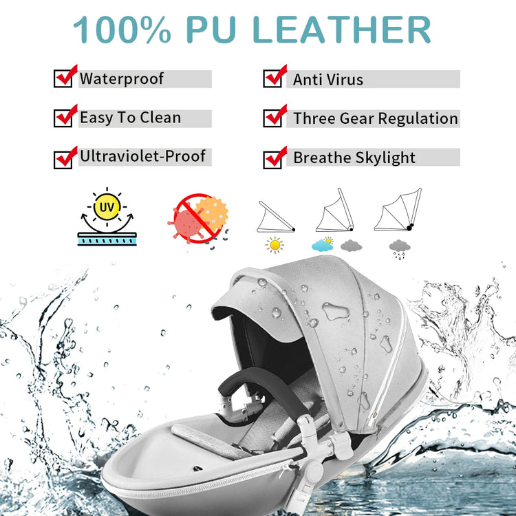 Hot Mom F023 2-in-1 Baby Stroller – 360° Rotating PU Leather Travel System with Bassinet, Rain Cover & Accessories | Foldable Luxury Stroller (0–4 Years)