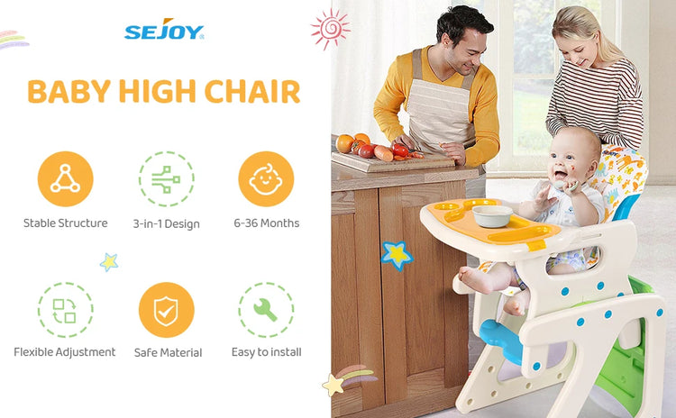 Sejoy 3-in-1 High Chair for Babies & Toddlers – Adjustable Backrest, Removable Tray & Washable Cushion – ASTM & CPC Certified Feeding Chair