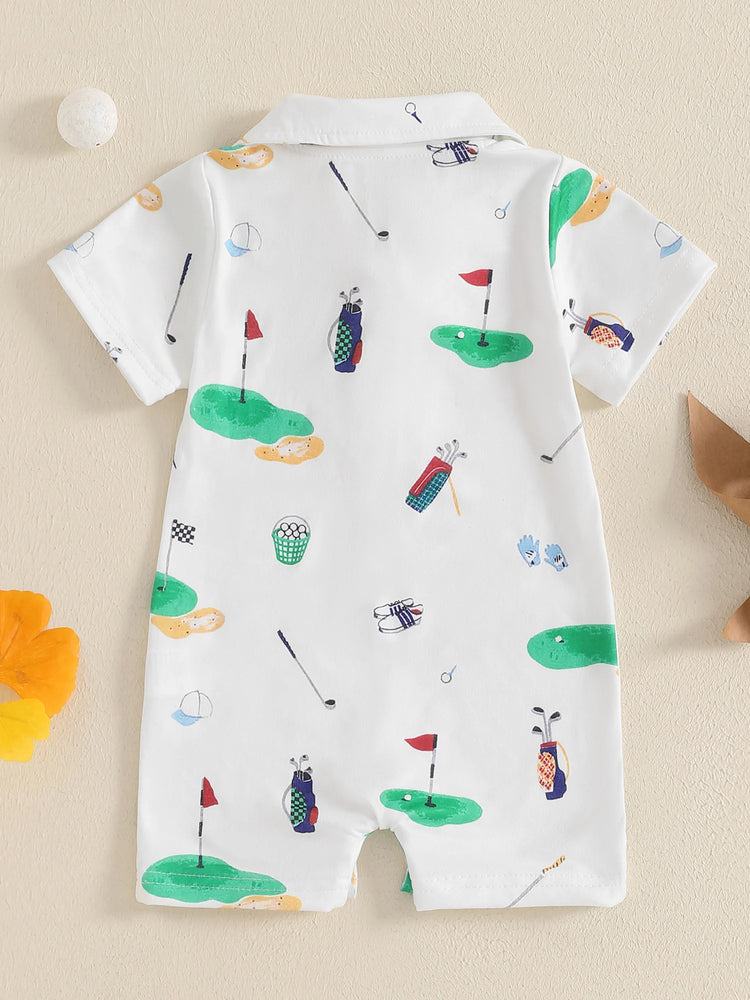 Infant Golf Romper – Unisex Baby Boy or Girl Summer Bodysuit with Half Button-Up, Lapel Neck & Short Sleeves