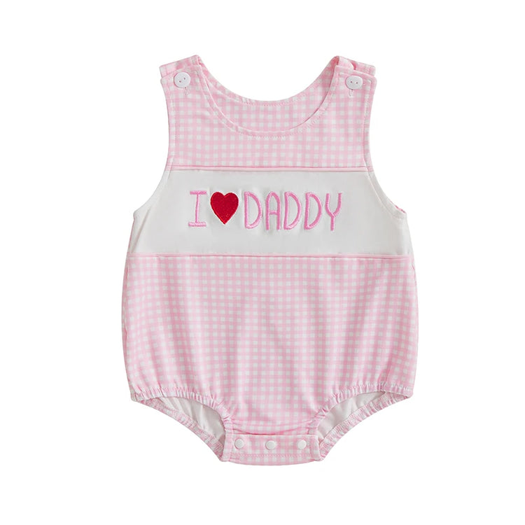 Cute Baby Girl Romper – Sleeveless Infant Bodysuit with Adorable Letter Embroidery & Plaid Design, Round Neck Jumpsuit for Newborns & Toddlers