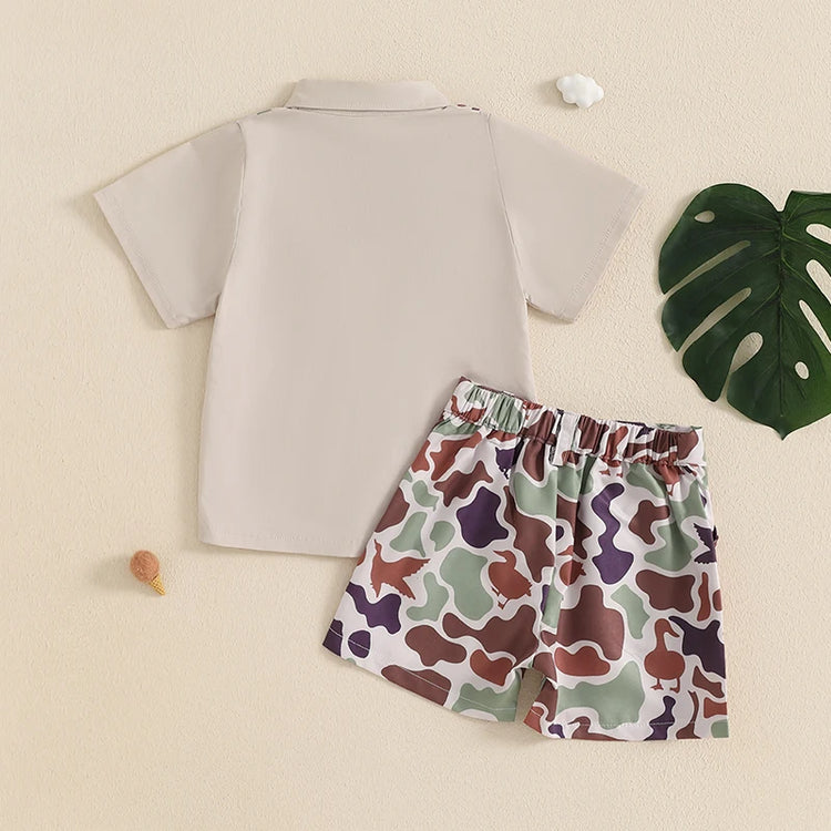 Infant Boy’s Summer Camo Print Short Sleeve Shirt & Shorts Set with Button-Down Collar – 2 Piece Outfit