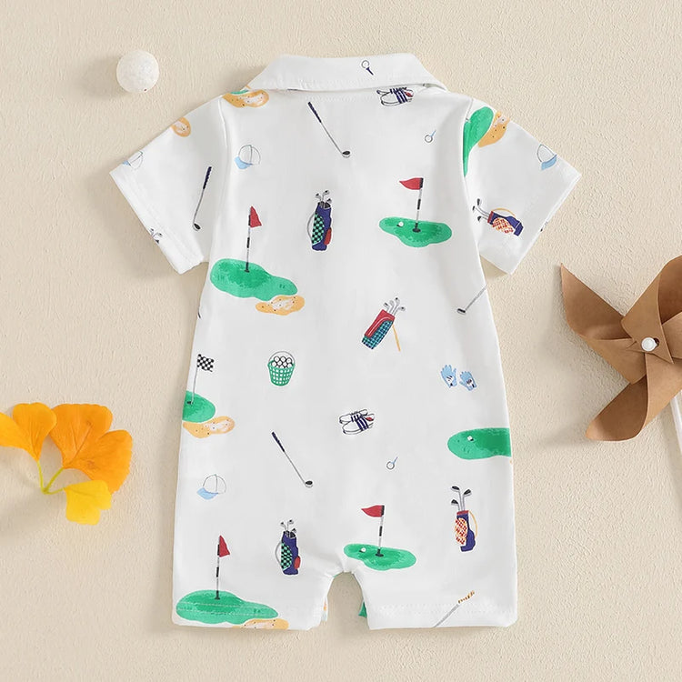 Infant Golf Romper – Unisex Baby Boy or Girl Summer Bodysuit with Half Button-Up, Lapel Neck & Short Sleeves