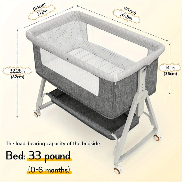 3 in 1 Baby Bassinet Bedside Sleeper, Breathable Mesh Safe Bedside Bassinet for Baby, Easy Assemble and Folding Portable with Wheels
