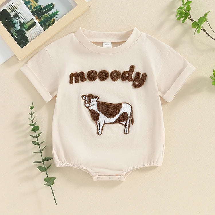 Lioraitiin 0–18M Baby Boy Girl Romper – Round Neck Cow Embroidery Short Sleeve Jumpsuit, Infant Summer Outfit