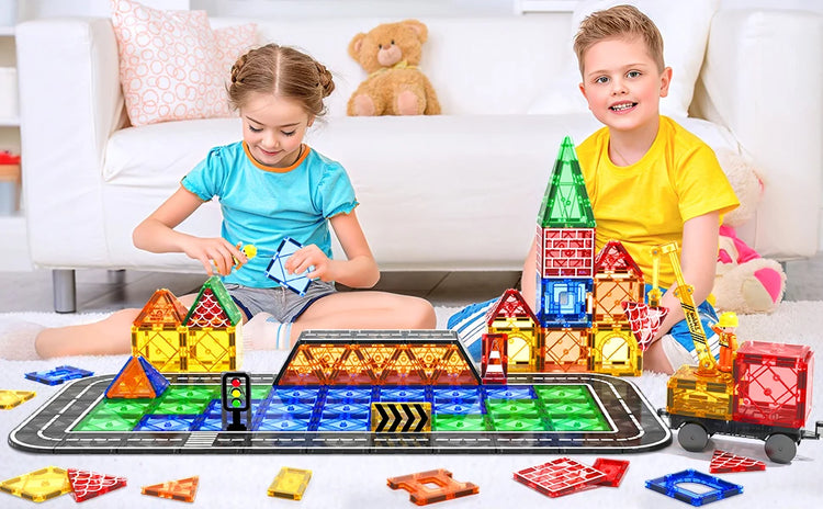 Magnetic Tiles Road Set with Magnet Crane & Car Toys – Construction Magnetic Building Blocks for Kids Ages 3–8, Creative STEM Toy