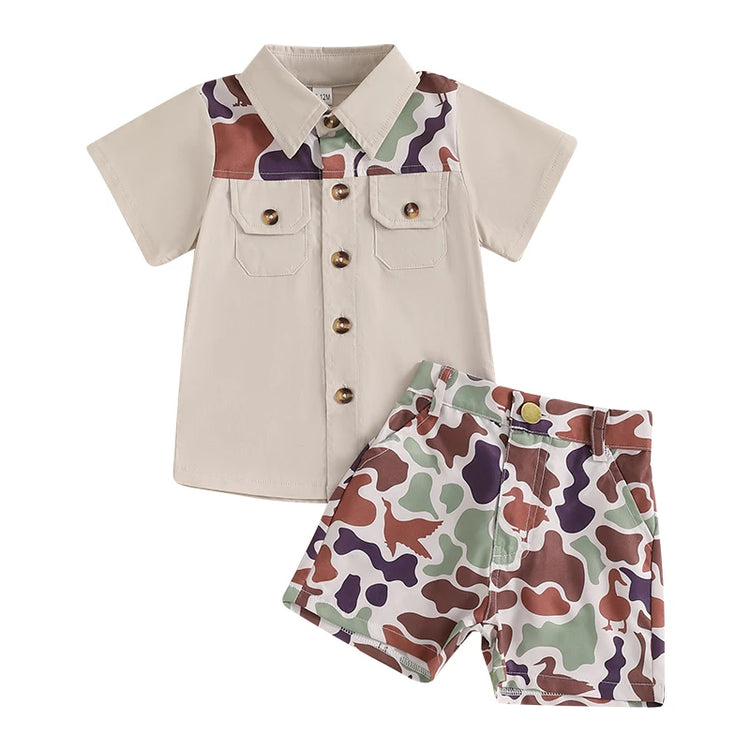 Infant Boy’s Summer Camo Print Short Sleeve Shirt & Shorts Set with Button-Down Collar – 2 Piece Outfit