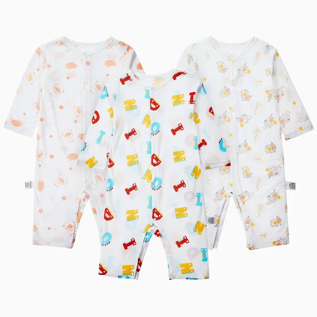 MICHLEY 3pcs Baby Short-Sleeve Rompers & Long-Sleeve Jumpsuit Bodysuit – Soft White Cartoon Infant Clothes Overalls for Boys & Girls