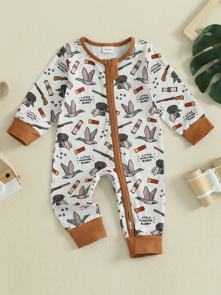 Infant Boys Fall Romper – Elk Print | Oblique Zipper | Long Sleeve Jumpsuit (0–18M)