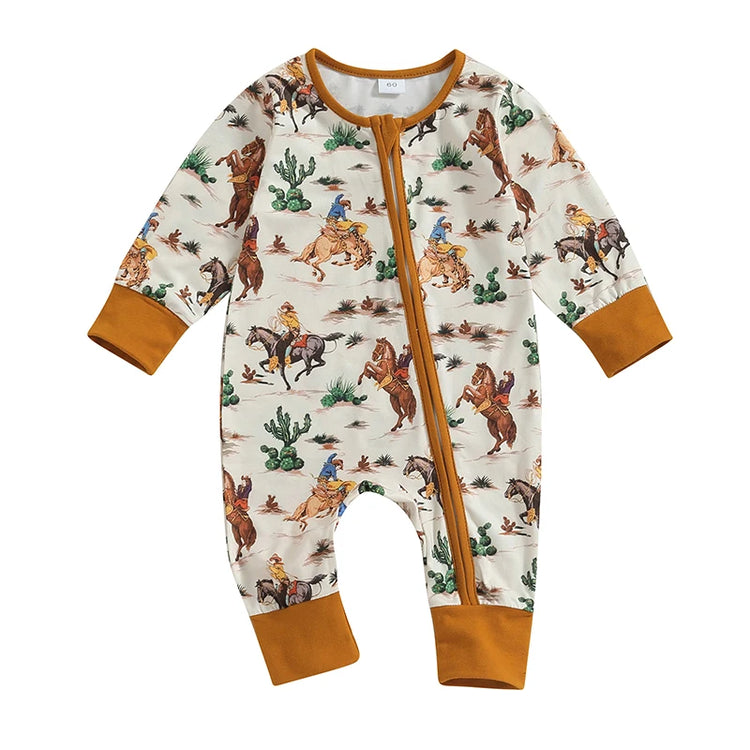 Lioraitiin Infant Baby Boys Jumpsuit – Long Sleeve Cow/Horse Print Zipped Romper for Autumn (0-12M)