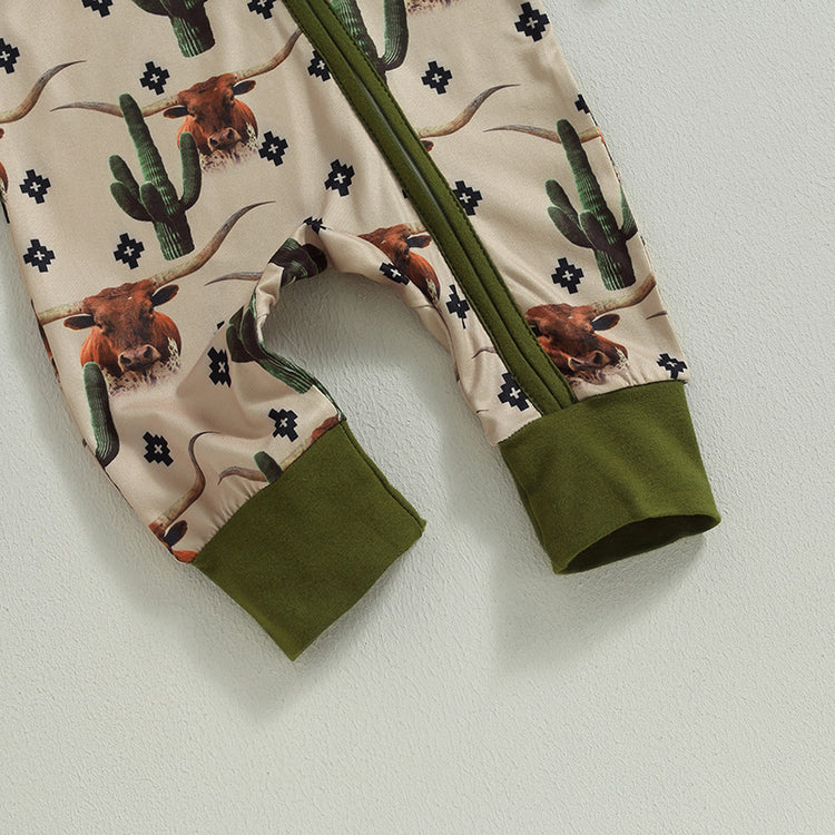 Lioraitiin Infant Baby Boys Jumpsuit – Long Sleeve Cow/Horse Print Zipped Romper for Autumn (0-12M)