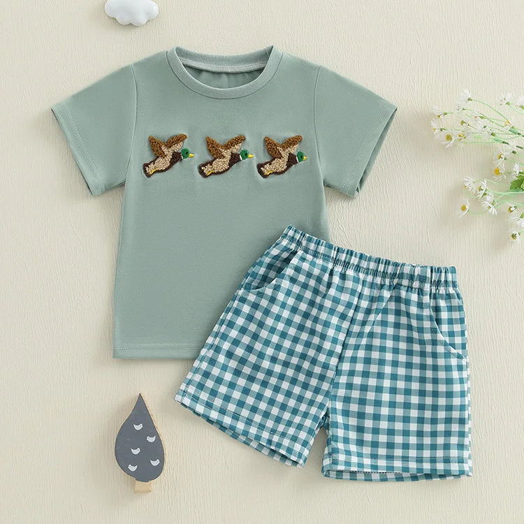 Infant Boy Summer Outfit – Cute Animal Embroidery Short Sleeve T-shirt & Plaid Shorts 2-Piece Set