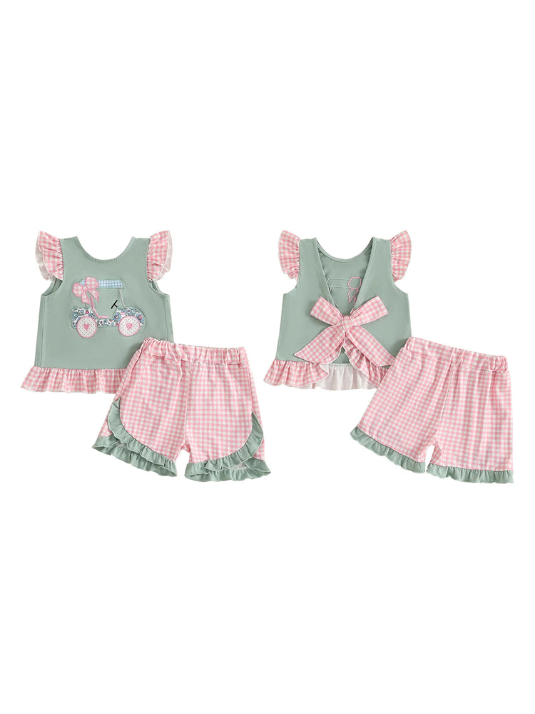 Adorable Infant Girl’s Summer Outfit – Golf Cart Embroidered Flutter Sleeve Top with Plaid Shorts 2-Piece Set