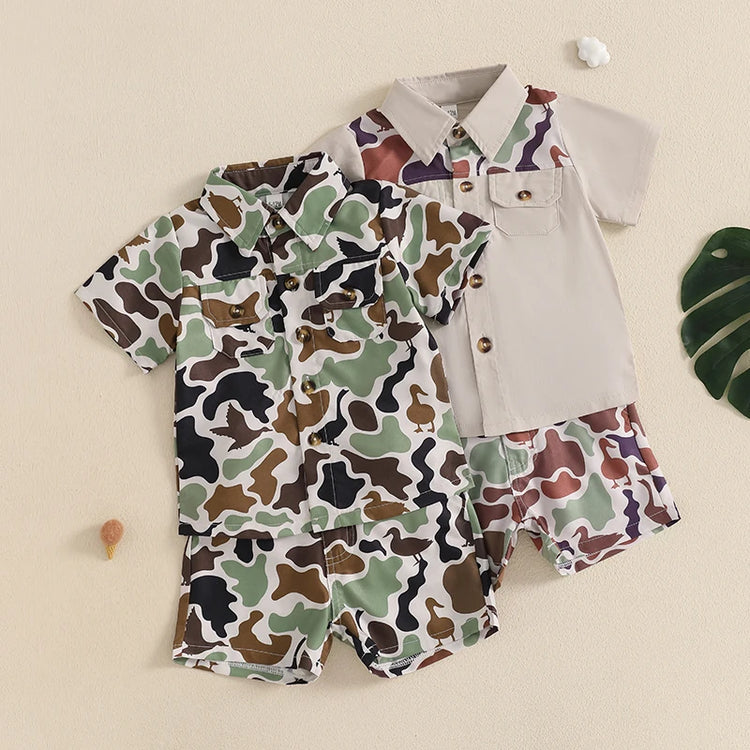Infant Boy’s Summer Camo Print Short Sleeve Shirt & Shorts Set with Button-Down Collar – 2 Piece Outfit