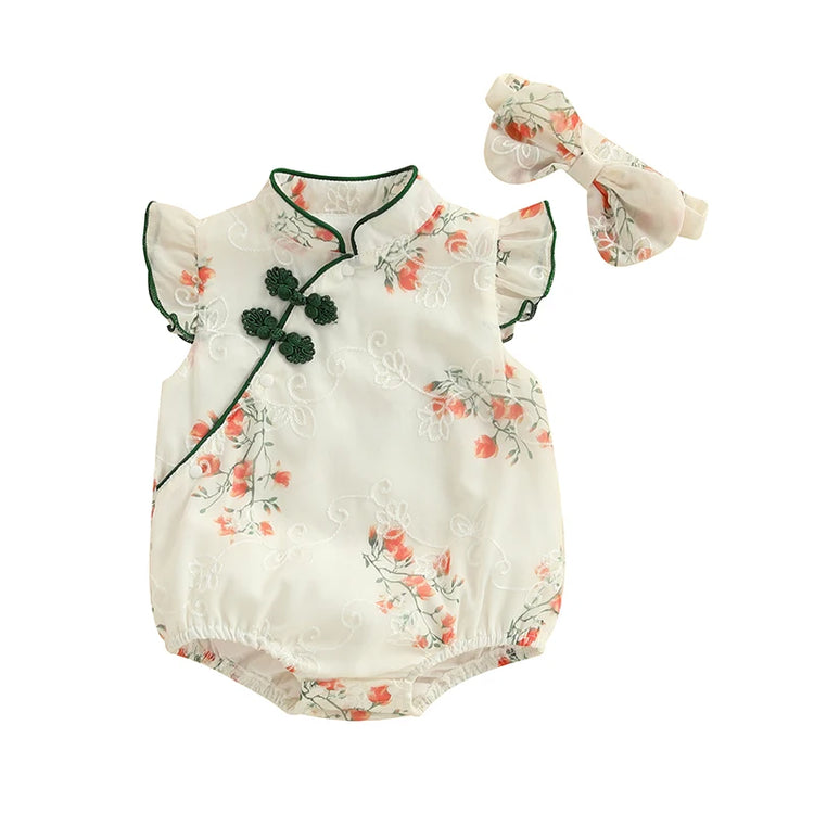 Toddler Girls Traditional Chinese Dress Set — Embroidered Floral Romper with Matching Headband, Summer Outfit