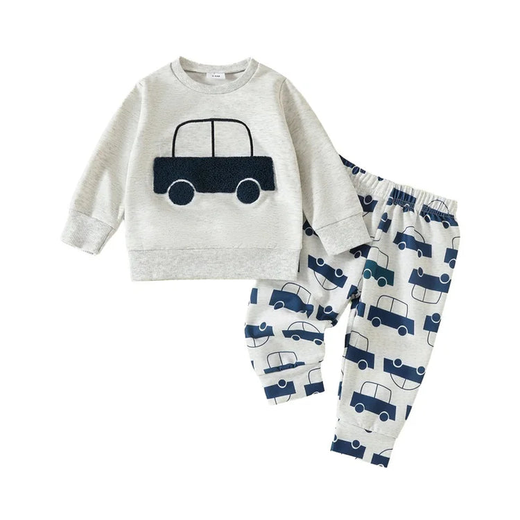 Lioraitiin Toddler Baby Boy 2-Piece Outfit – Car Embroidery Long Sleeve Pullover Sweatshirt & Elastic Waist Pants Set