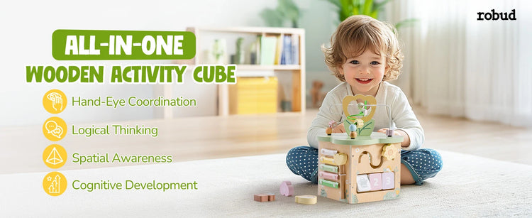 ROBOTIME Wooden Activity Cube Educational Wooden Toys with 7 Functional Areas Flower Bush Theme Montessori Toys for Toddlers