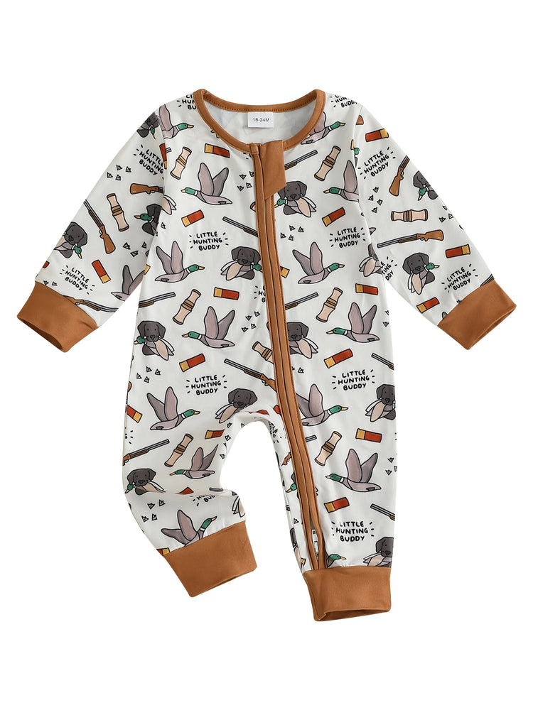 Infant Boys Fall Romper – Elk Print | Oblique Zipper | Long Sleeve Jumpsuit (0–18M)