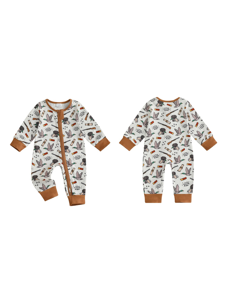 Infant Boys Fall Romper – Elk Print | Oblique Zipper | Long Sleeve Jumpsuit (0–18M)