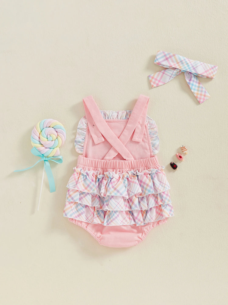 Toddler Girl Summer Watermelon Print Romper with Ruffles & Matching Headband — Sleeveless Jumpsuit Outfit Set