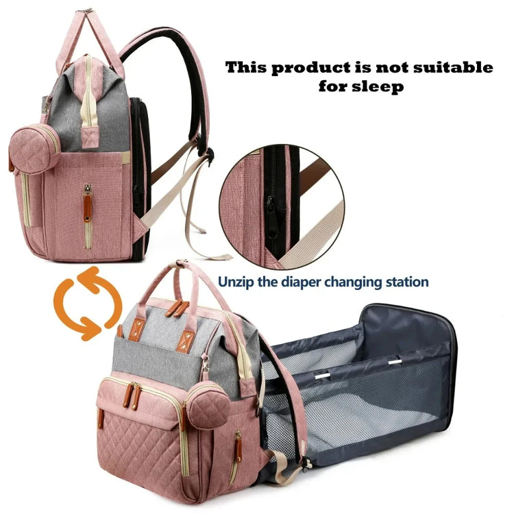 Portable Foldable Baby Travel Bed & Diaper Bag – Large Capacity Mommy Backpack with Changing Station & Infant Carrier (Fashionable & Lightweight)