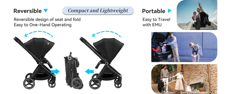 EMU Reversible Baby Stroller with Reversible Seat Full-Size Infant Stroller with Full Recline Cockpit Compact Foldable Pram Carr